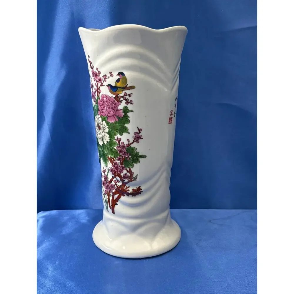 White Porcelain Chinese Spring Vase Accented with Blue Birds and Flowers
